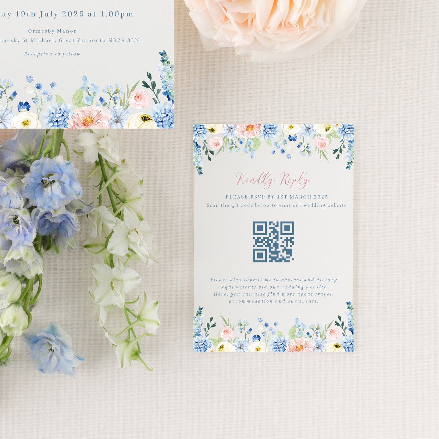 blue wildflower RSVP QR code card
